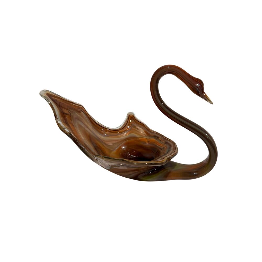 Murano Style MCM Brown Swirl Glass Swan Dish